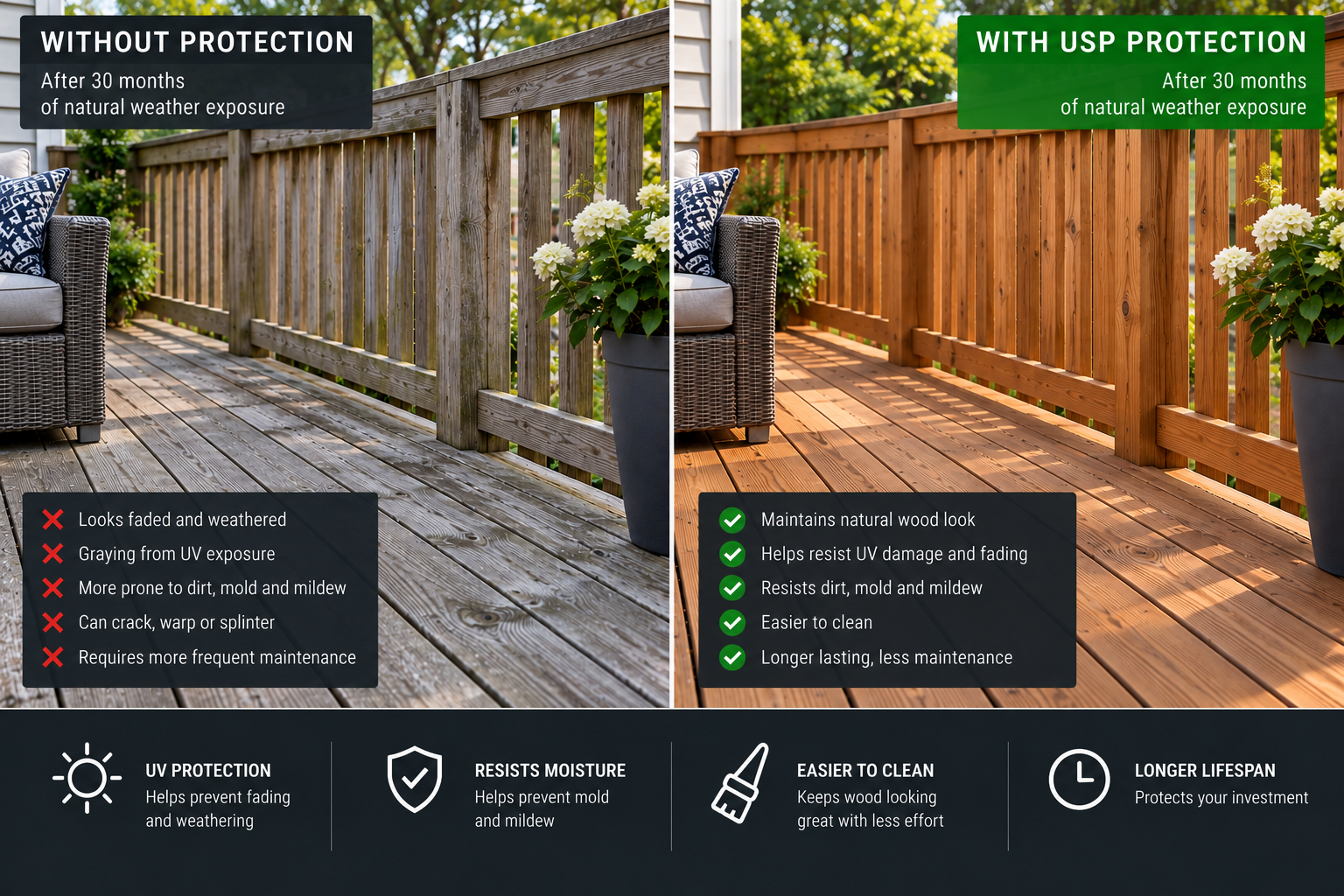 Wood deck before and after professional surface protection