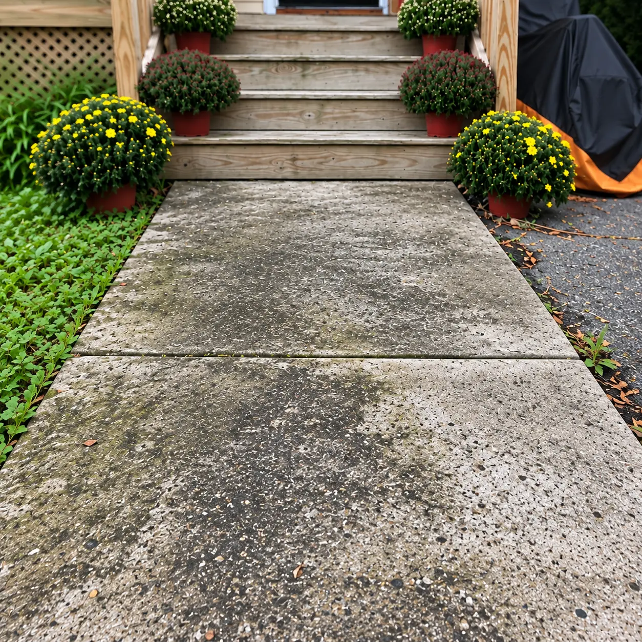 Concrete walkway with dark staining and organic discolouration before treatment