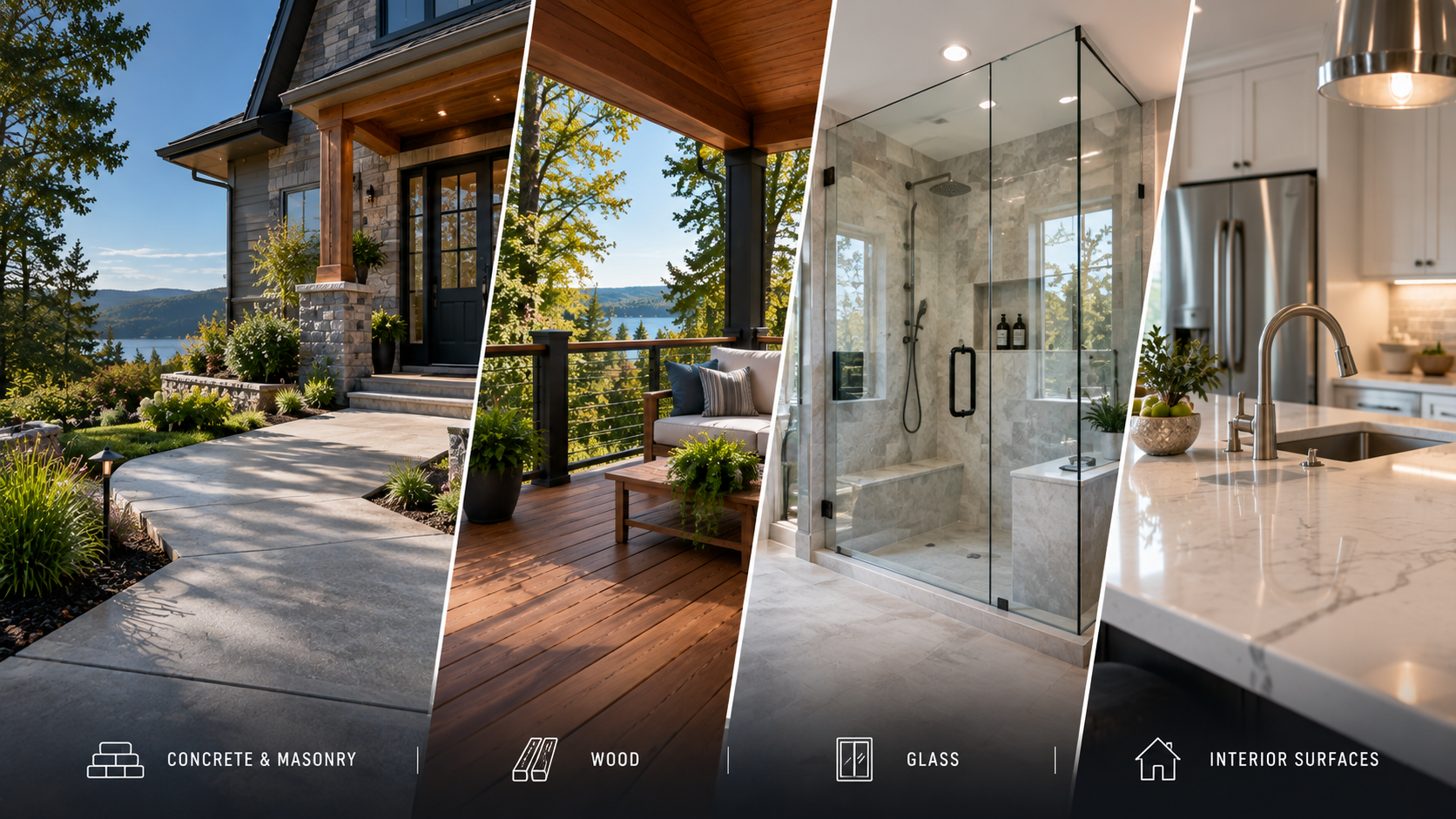 Protected concrete and masonry, wood, shower glass, and interior surfaces