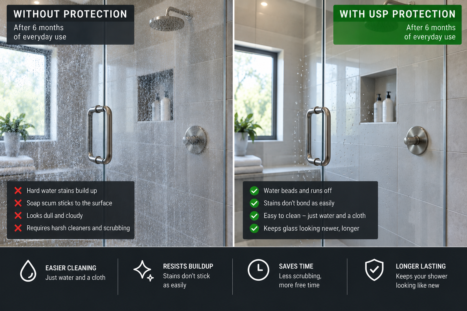Shower glass before and after professional coating protection