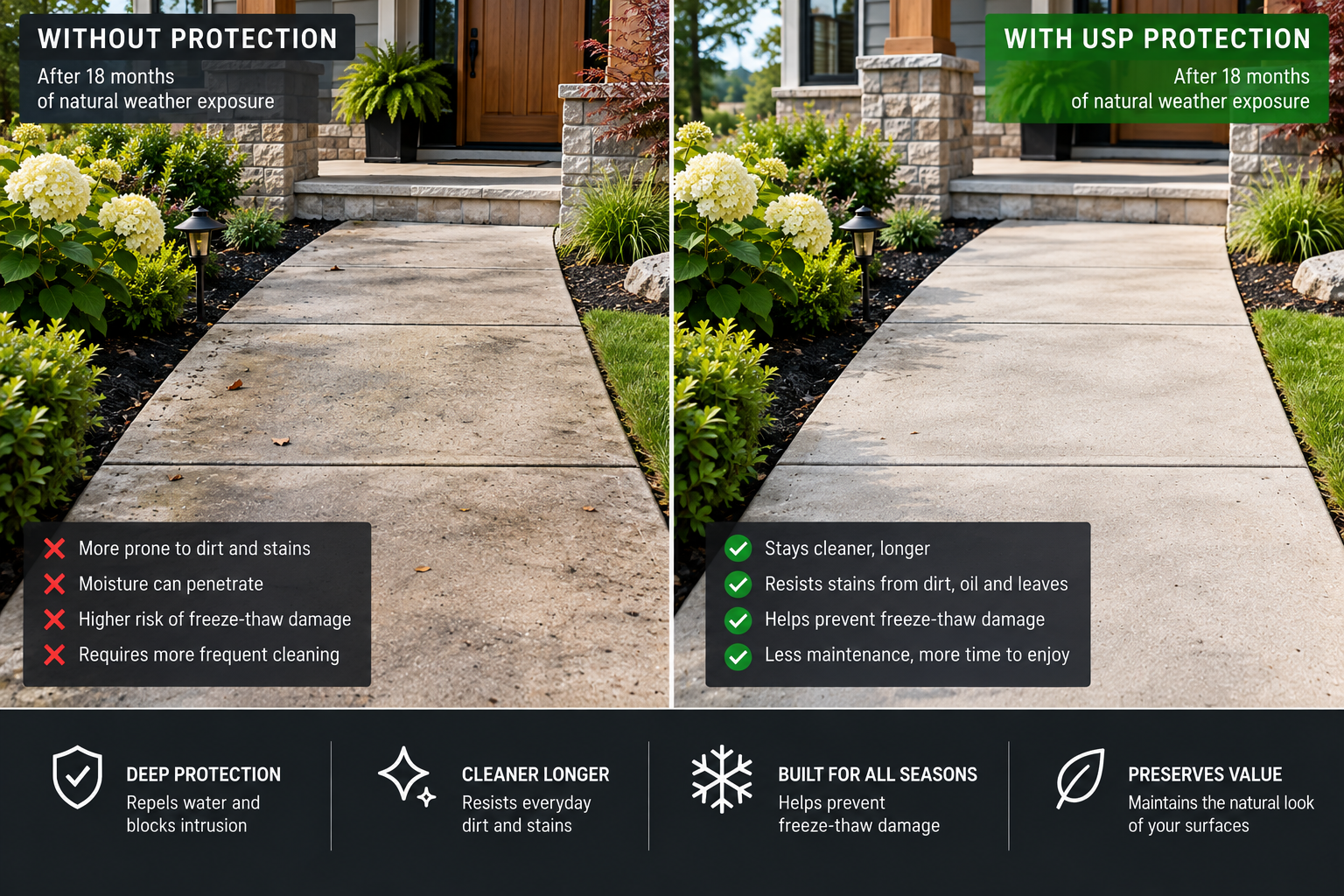 Concrete walkway before and after professional surface protection